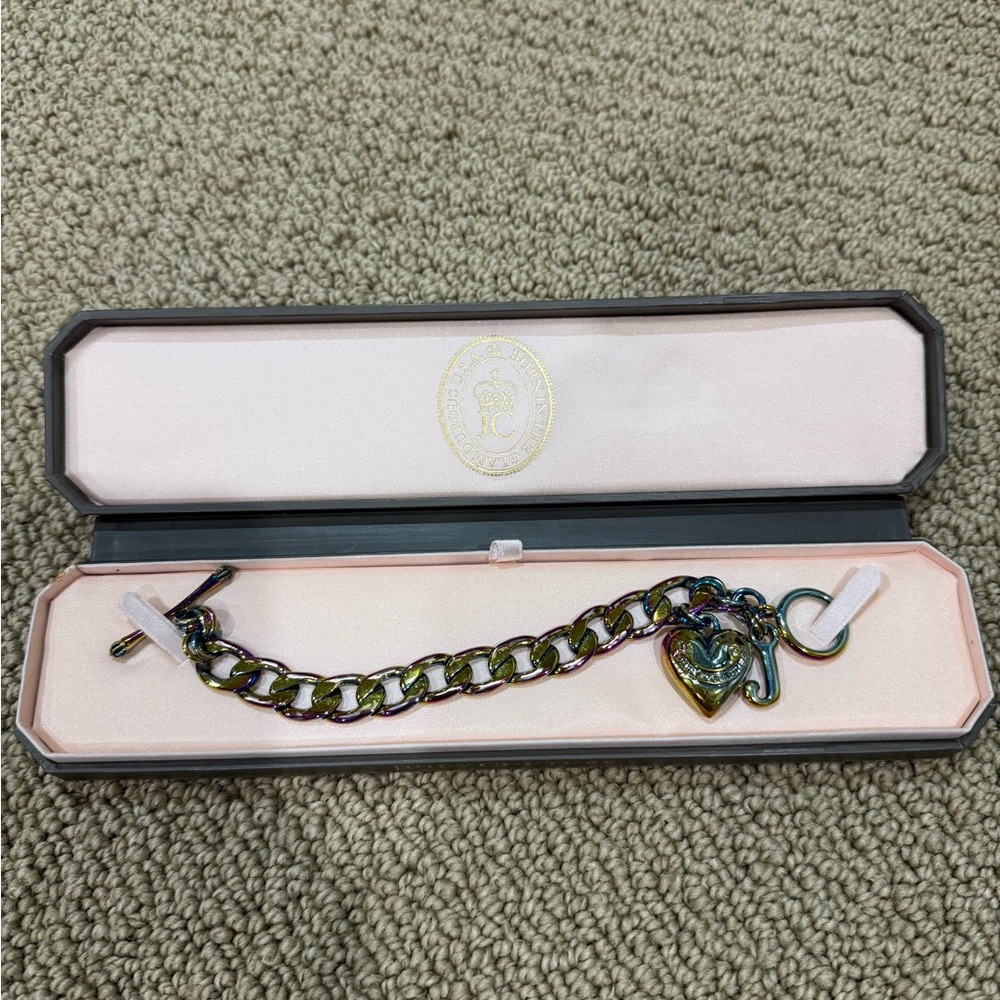 VINTAGE JUICY COUTURE Y2K IRIDESCENT RAINBOW CHARM BRACELET HEART- VERY RARE
